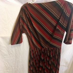 Vintage Striped Red Brown Pleated Boatneck Dress